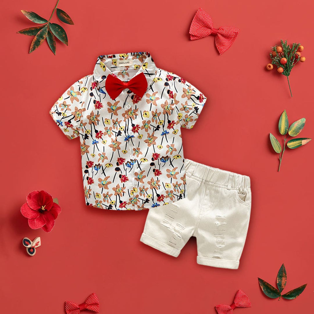 Boys Floral Print Shirt with Bow & Shorts Set Sets Multicolor 1-2 Y 