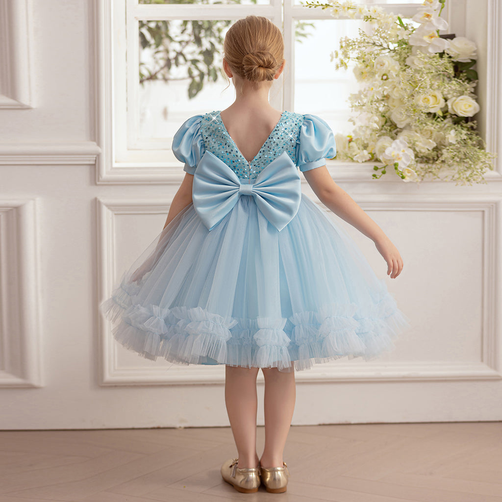 Girls Sky Blue Sequins Bodice Tulle Overlay Party Dress with