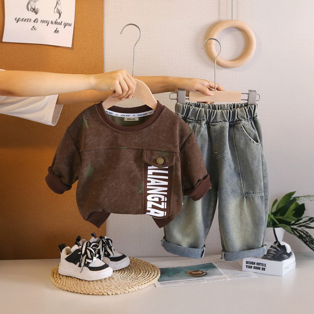 Boys Brown Typographic Printed Sweatshirt With Denim Trousers Sets 2 pc. Sets Brown 1-2 Y