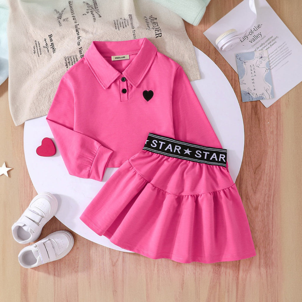 Girls Heart Embroidered Polo Neck Top With Skirts Co-ord Sets 2 pc. Sets Dark Pink 3-4 Y