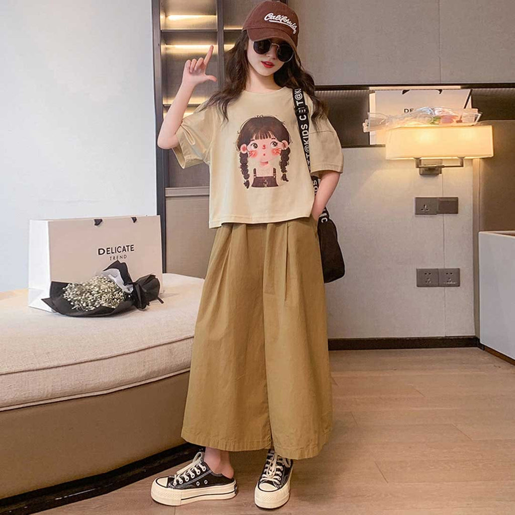 Girls Short Sleeve Graphic T-Shirt With Wide Leg Pants Set Sets Beige 6-7 Y 