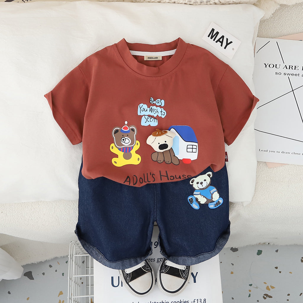 Boys Red Dollhouse Printed T-Shirt With Denim Shorts Set 2 pc. Sets