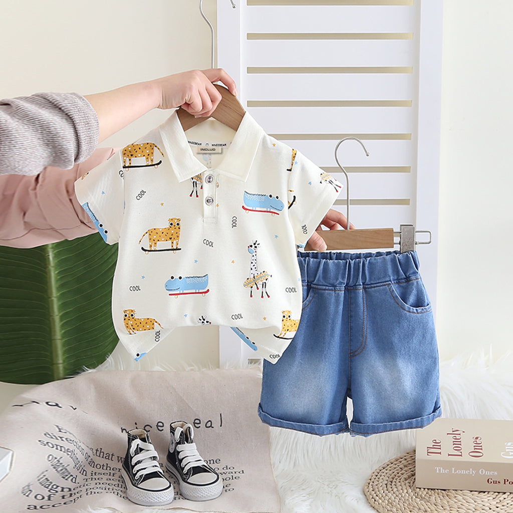 Boys Off White Animals Printed Polo T-Shirt With Denim Shorts Set 2 pc. Sets