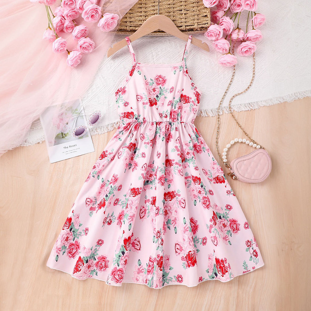 Girls Pink Floral Printed Midi Sundress Casual Dresses Pink 3-4 Y