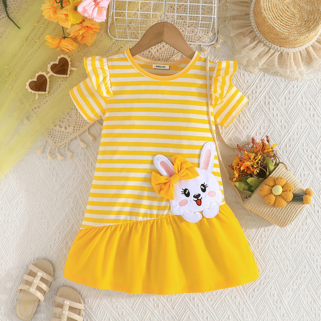 Girls Yellow Stripe Rabbit Applique Short Sleeves Drop Wait Dress Casual Dresses Yellow 2-3 Y