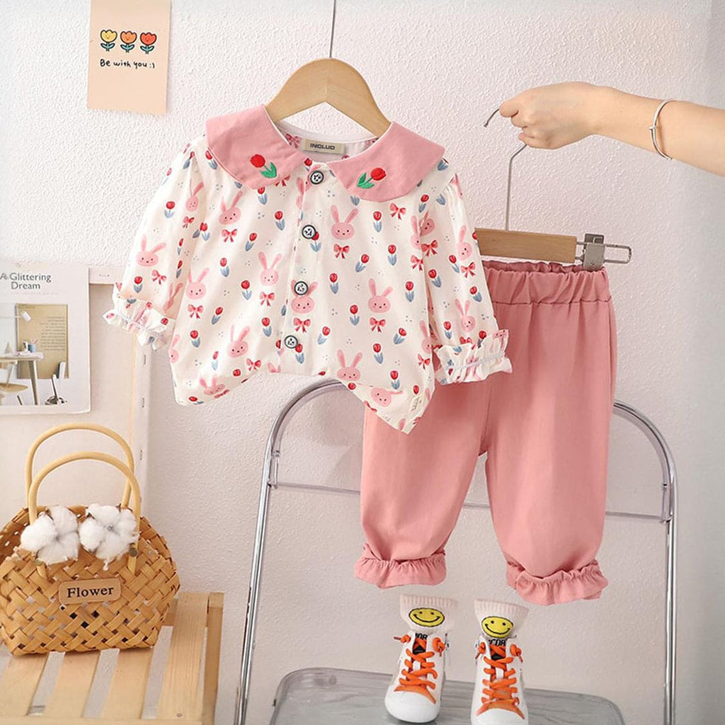 Girls Peter Pan Collar Printed Top With Pants Set 2 pc. Sets Pink 1-2 Y 