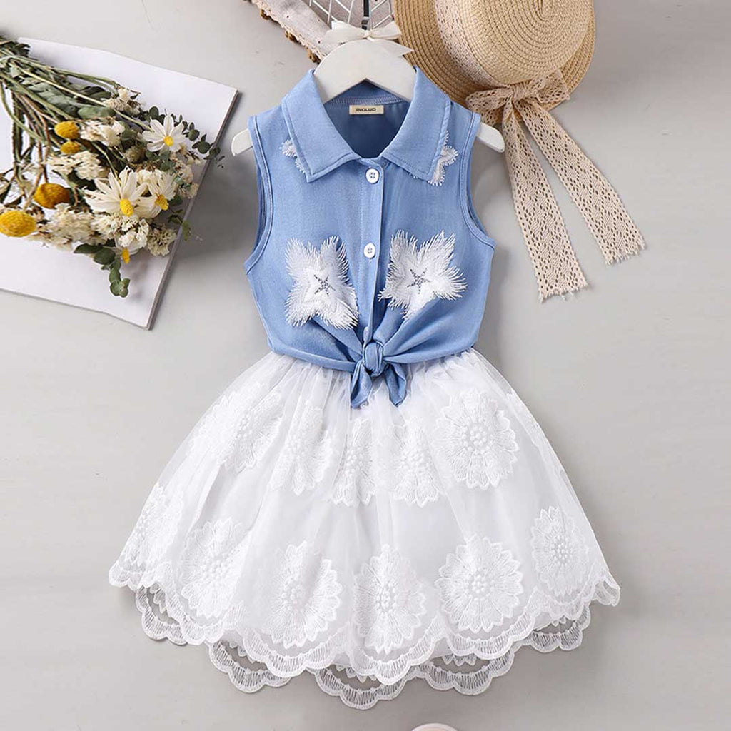 Girls Sleeveless Floral Applique Shirt With Skirt Set 2 pc. Sets Blue 4-5 Y 