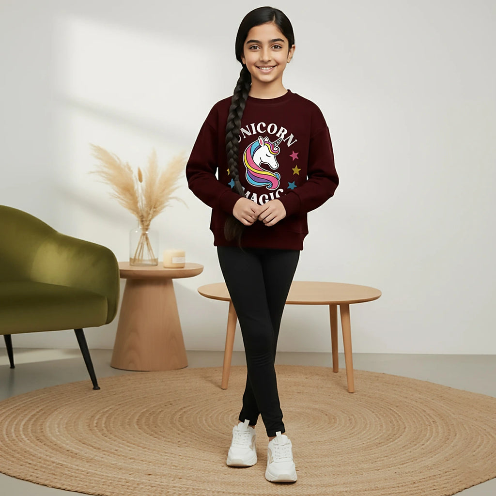 Girls Maroon Unicorn Magic Graphics Round Neck Sweatshirt Sweatshirts & Hoodies Maroon 1-2 Y