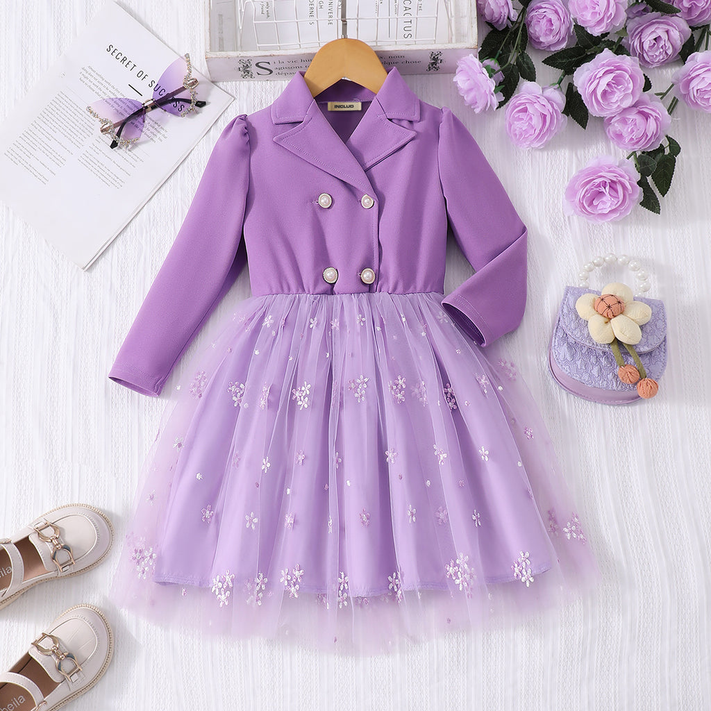 Girls Purple Embroidered Tulle Overlay Blazer Dress Casual Dresses Purple 3-4 Y