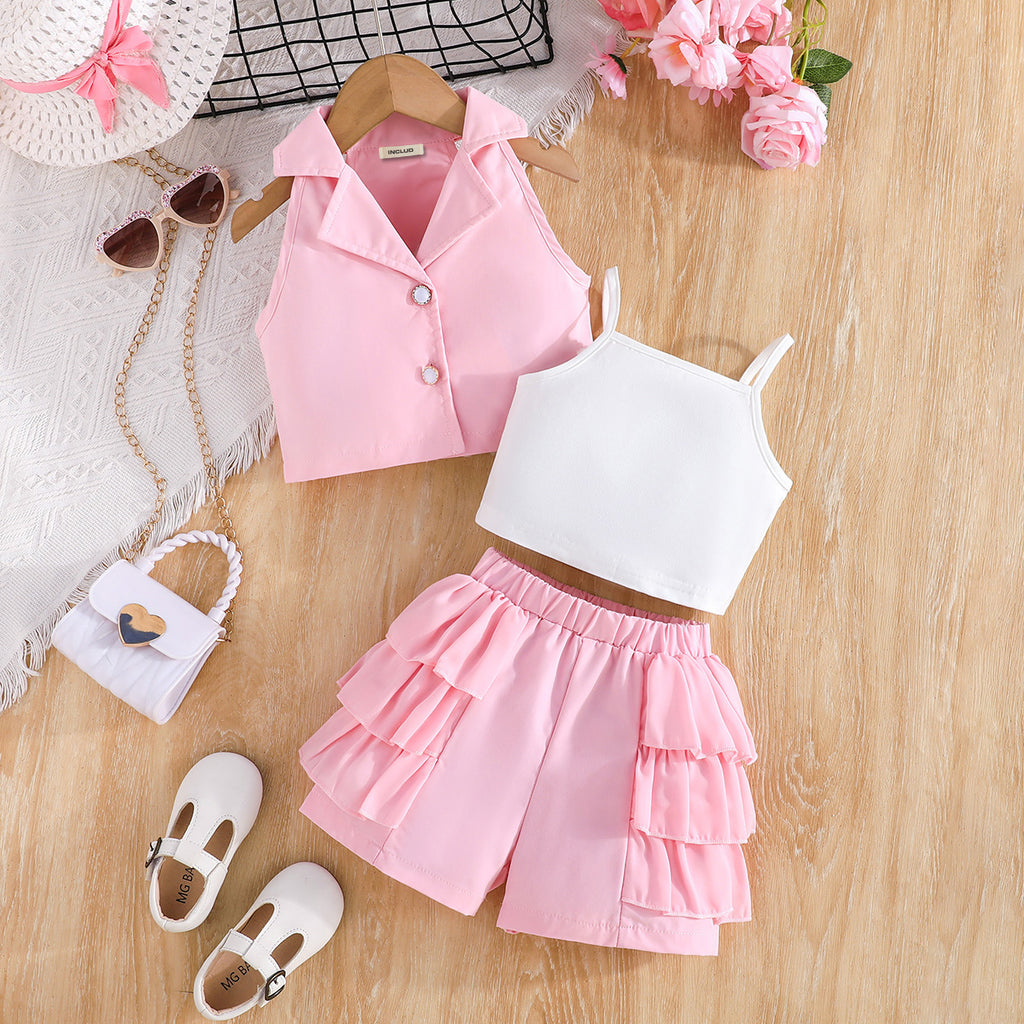 Girls Pink Waistcoat with Spaghetti Top & Tiered Ruffle Shorts Set 3 pc. Sets Pink 2-3 Y