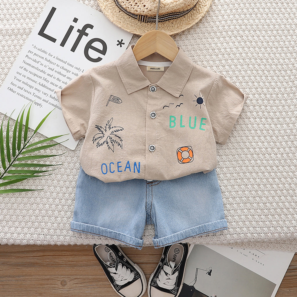 Boys Grey Blue Ocean Print Short Sleeve Shirt With Denim Shorts Set 2 pc. Sets Grey 1-2 Y