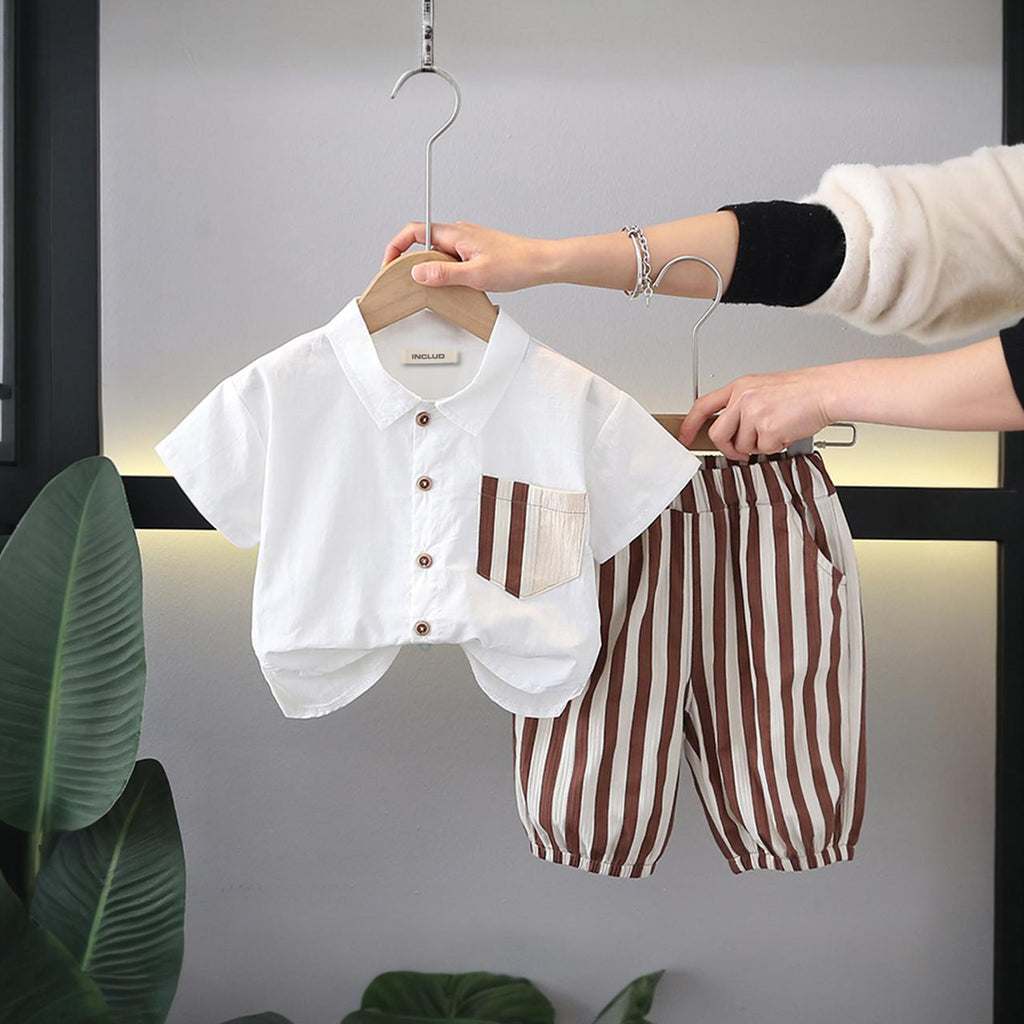 Boys Short Sleeve Shirt With Striped Shorts 2 pc. Sets White 1-2 Y 