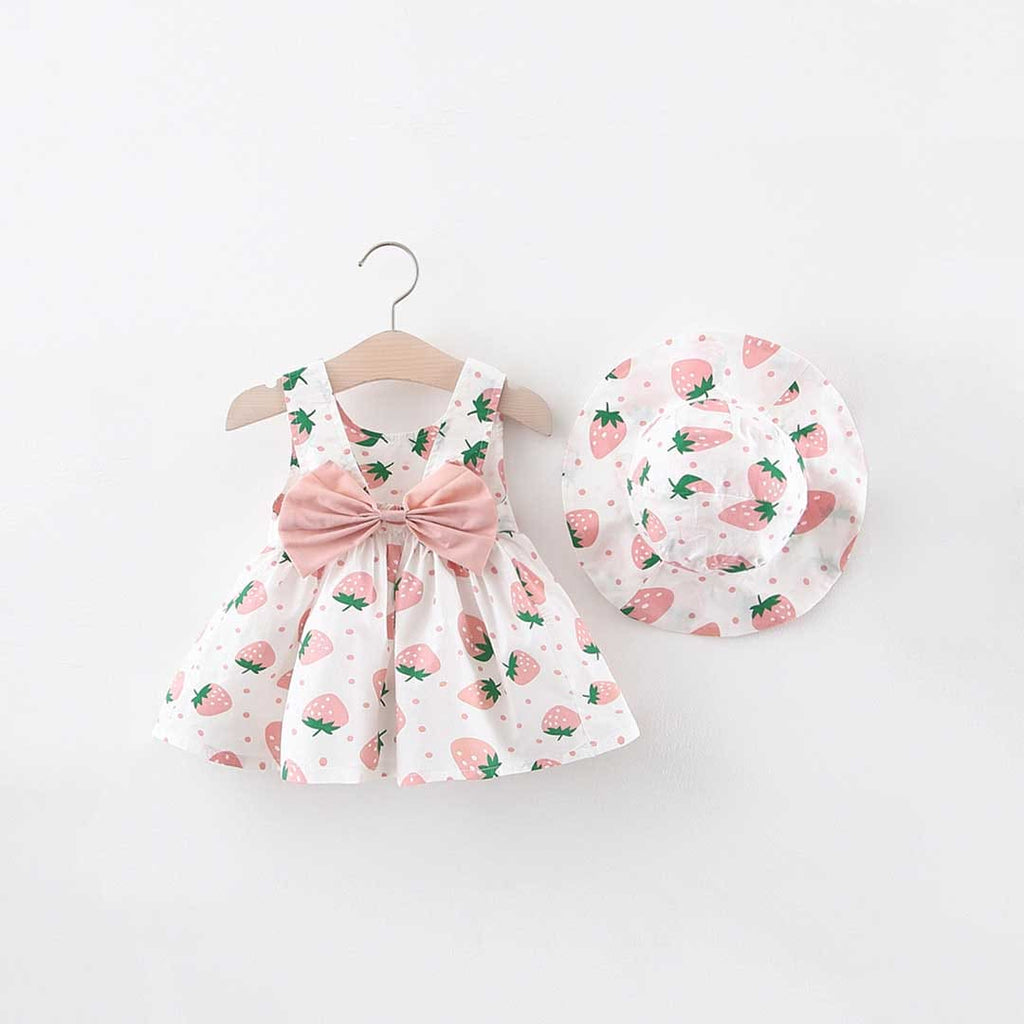 Girls Strawberry Print Casual Dress with Hat Casual Dresses Pink 1-2 Y 