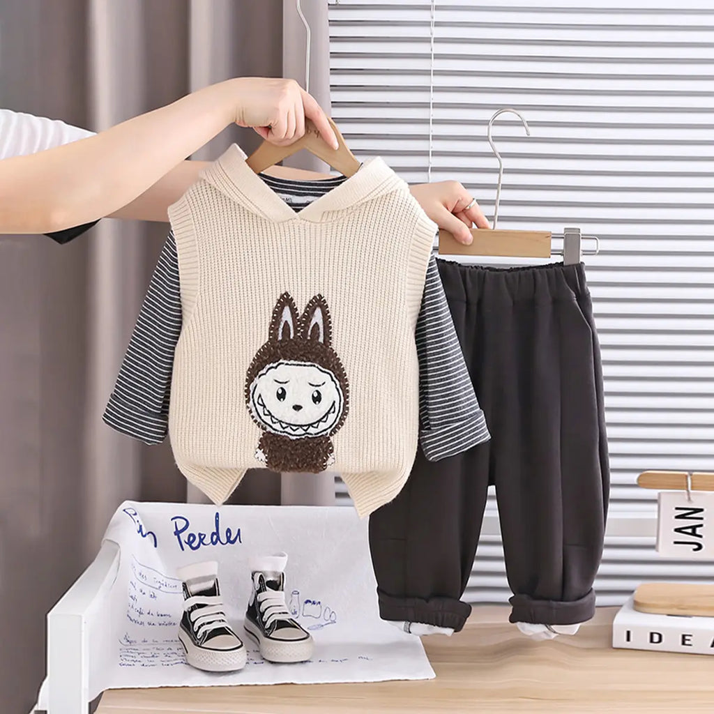 Boys Apricot Applique Hooded Sweater Vest With T-Shirt & Jogger Sets Sets Apricot 1-2 Y
