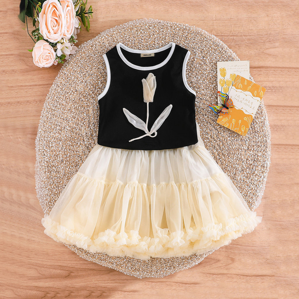 Girls Black Solid Summer Knitted Top With Skirt Set 2 pc. Sets Black 2-3 Y