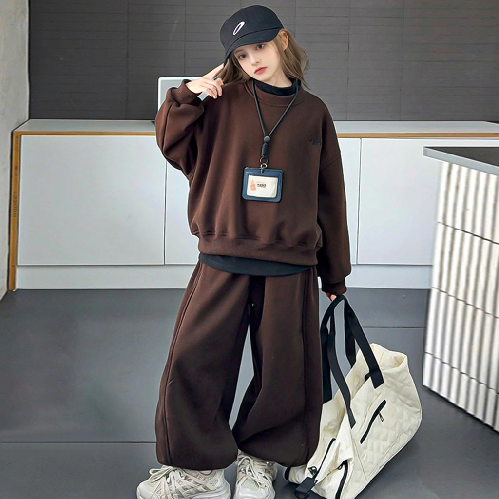 Girls Dark Brown Oversized Sweatshirt With Wide Leg Pants Co-ord Sets Sets Dark Brown 5-6 Y