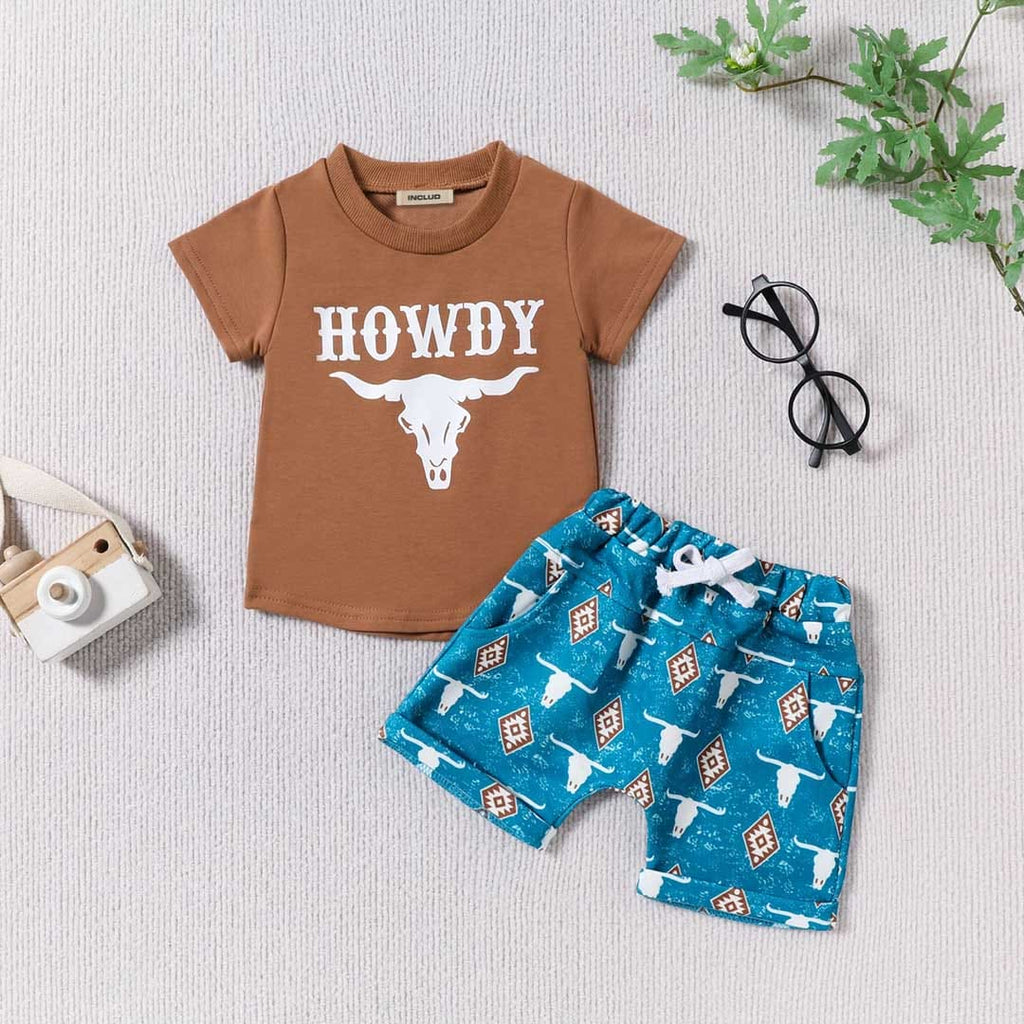 Boys Bull Head Printed T-Shirt With Printed Shorts Set Sets Brown 1-2 Y 