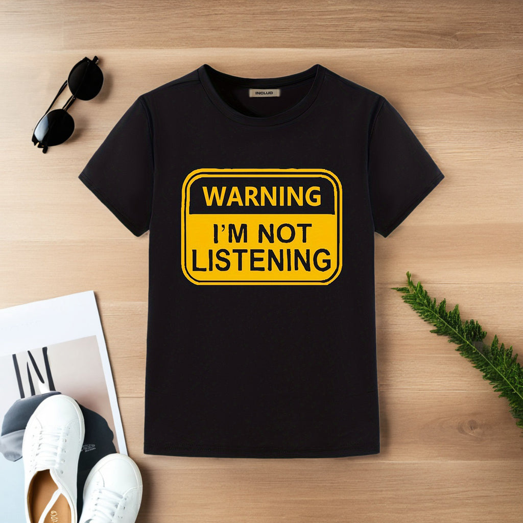 Boys Black Warning Printed Short Sleeve T-Shirt Tshirts Black 5-6 Y
