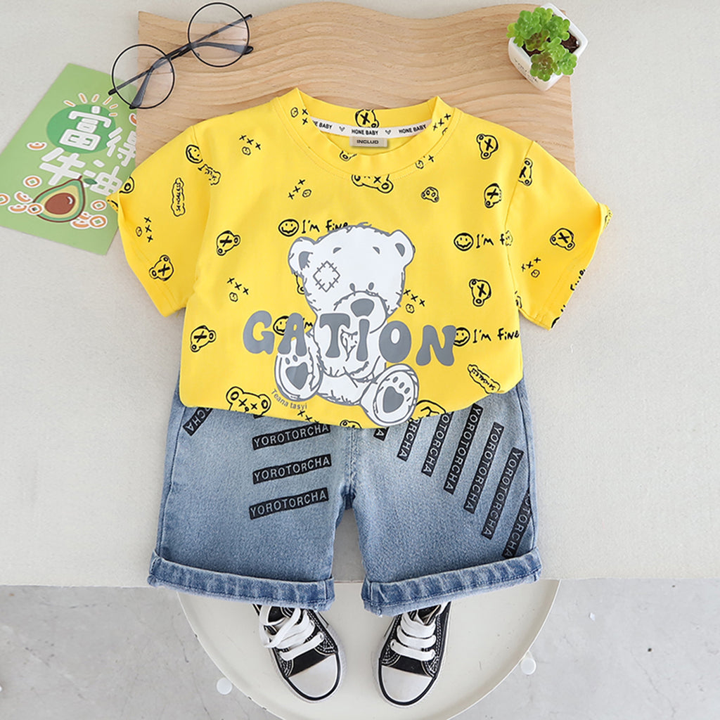 Boys Yellow Short Sleeves Teddy Printed T-Shirt with Denim Shorts Set Sets Yellow 1-2 Y