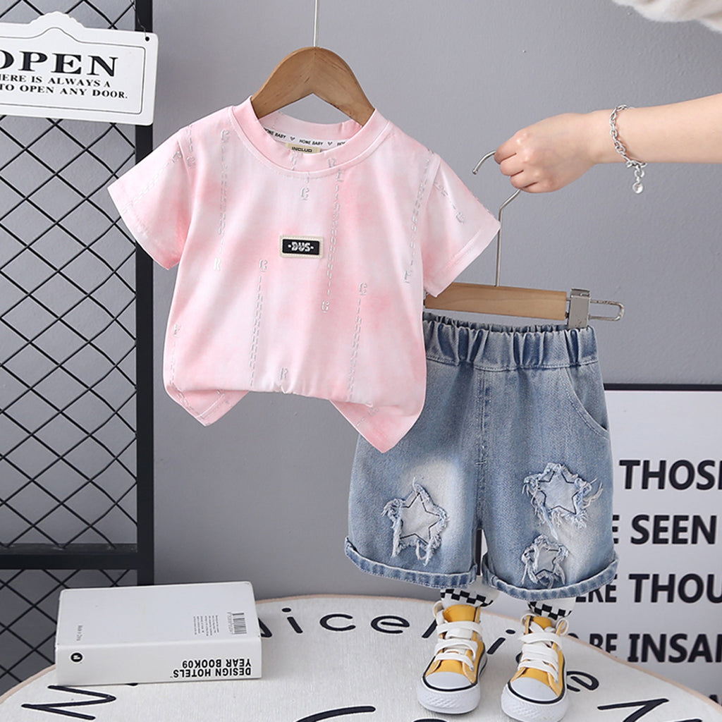 Boys Pink Short Sleeve Printed T-Shirt With Denim Shorts Set 2 pc. Sets Pink 1-2 Y