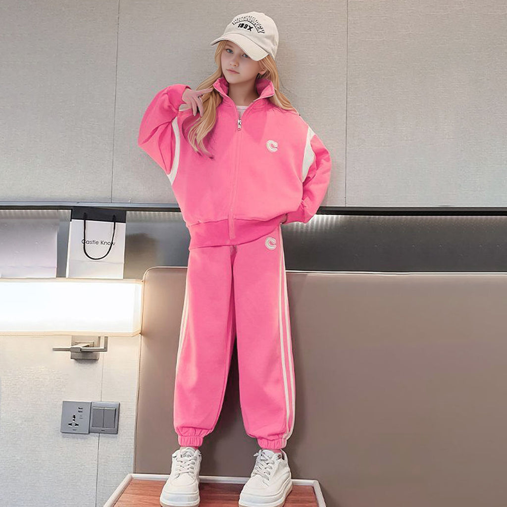 Girls Pink Solid Front Zipper Jacket With Jogger Winter Co-ord Set 2 pc. Sets Pink 5-6 Y