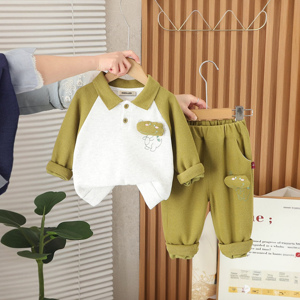 Boys Green Dinosaur Applique Polo Sweatshirt With Joggers Set 2 pc. Sets Green 1-2 Y