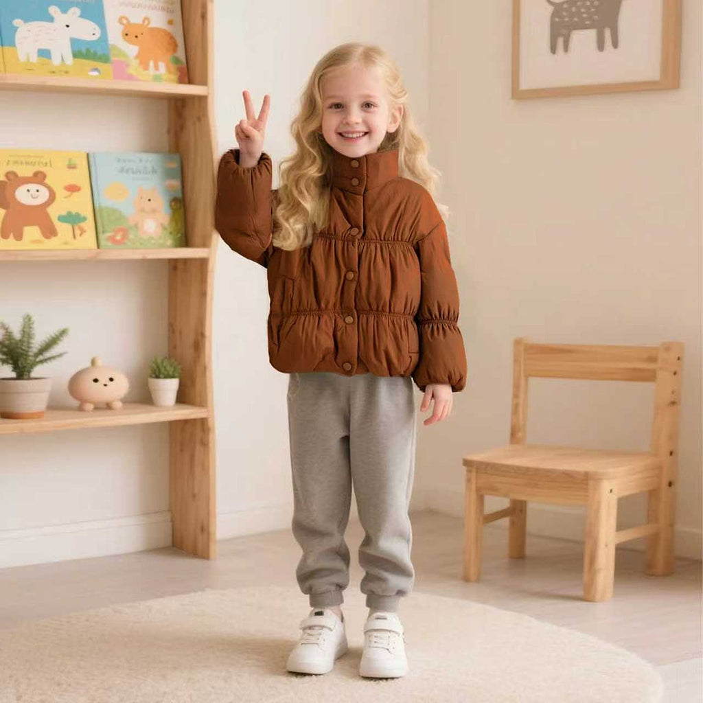 Girls Brown Solid Puffer Winter Jacket Coats & Jackets Brown 1-2 Y