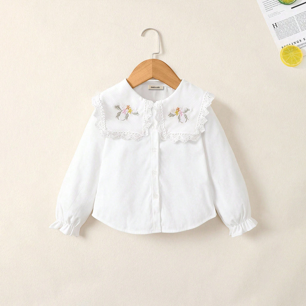 Girls White Long Sleeves Embroidered Collared A-line Top Tops White 3-4 Y