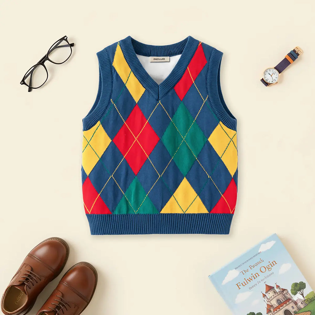 Boys Multicolour Self-Design Argyle Pattern Sweater Vest Sweaters & Cardigans Multicolor 2-3 Y