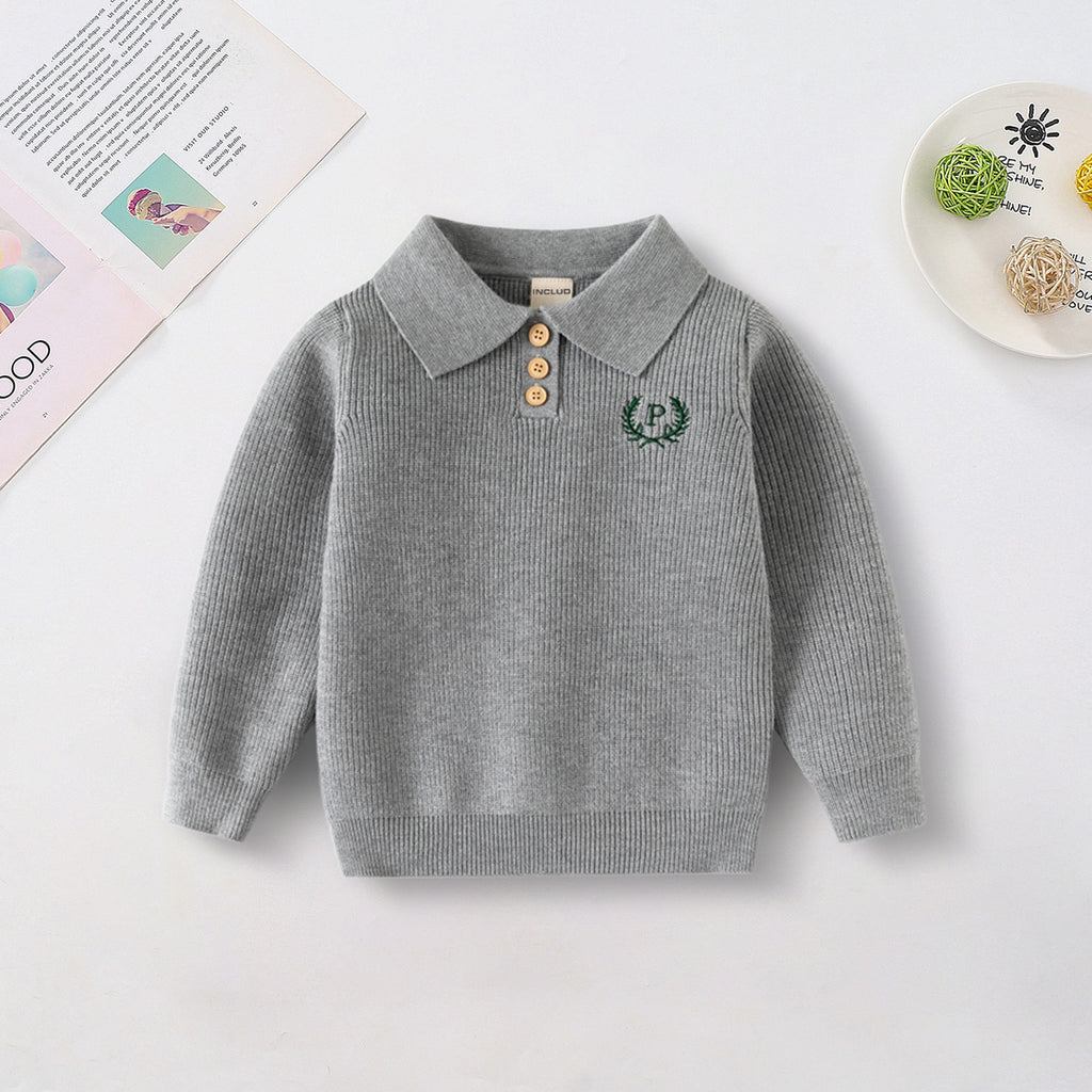 Boys Grey Self-Design Polo Sweater Sweaters & Cardigans Grey 2-3 Y