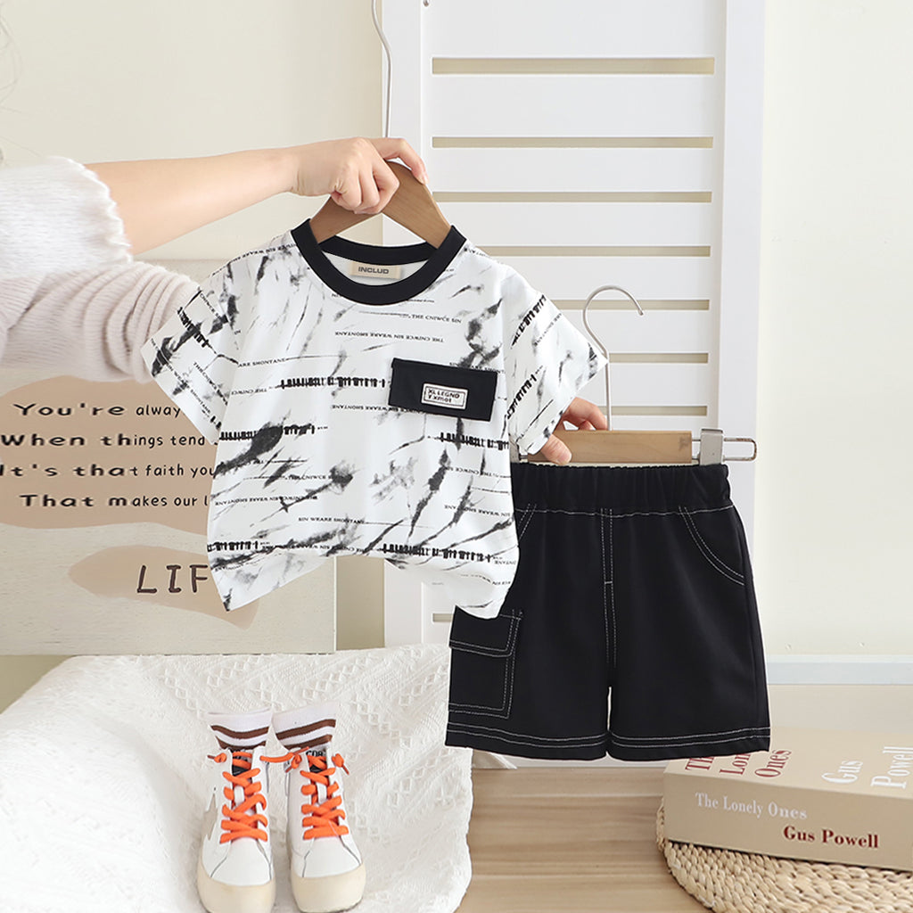 Boys Black Printed Short Sleeves Round Neck T-Shirt With Shorts Set 2 pc. Sets Black 1-2 Y