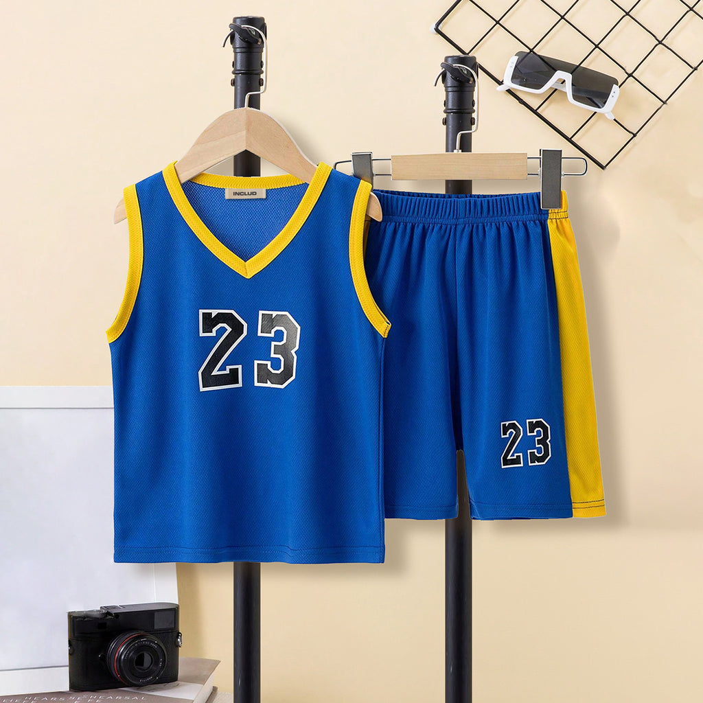 Boys Blue Sleeveless Printed V-Neck T-Shirt With Shorts Set 2 pc. Sets Blue 3-4 Y