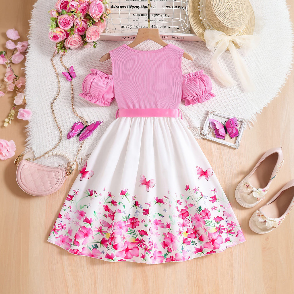 Girls Pink Floral Printed Cold Shoulder Fit And Flared Midi Casual Dress Casual Dresses