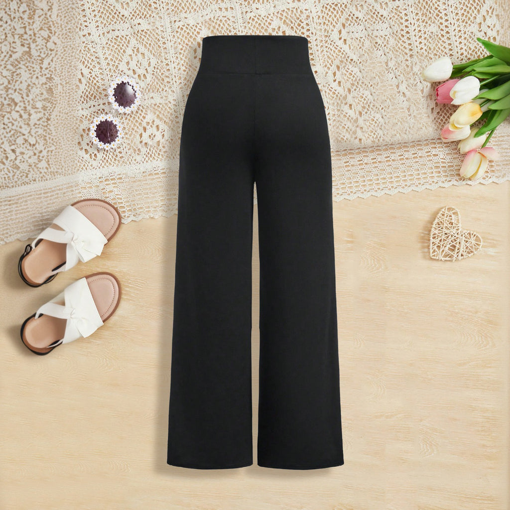 Girls Black Wide Waist Band Straight Fit Pants Pants