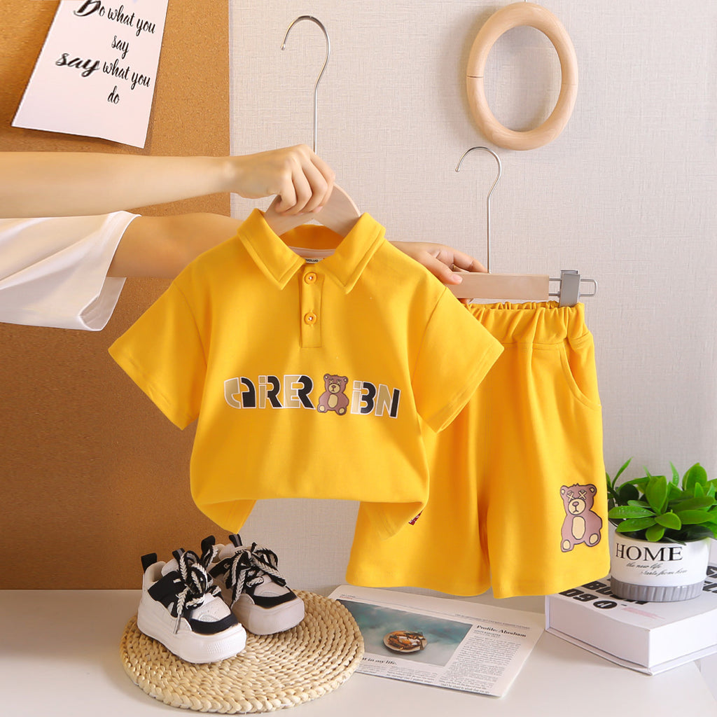 Boys Yellow Bear Printed Short Sleeves Polo T-Shirt With Shorts Set 2 pc. Sets Yellow 1-2 Y