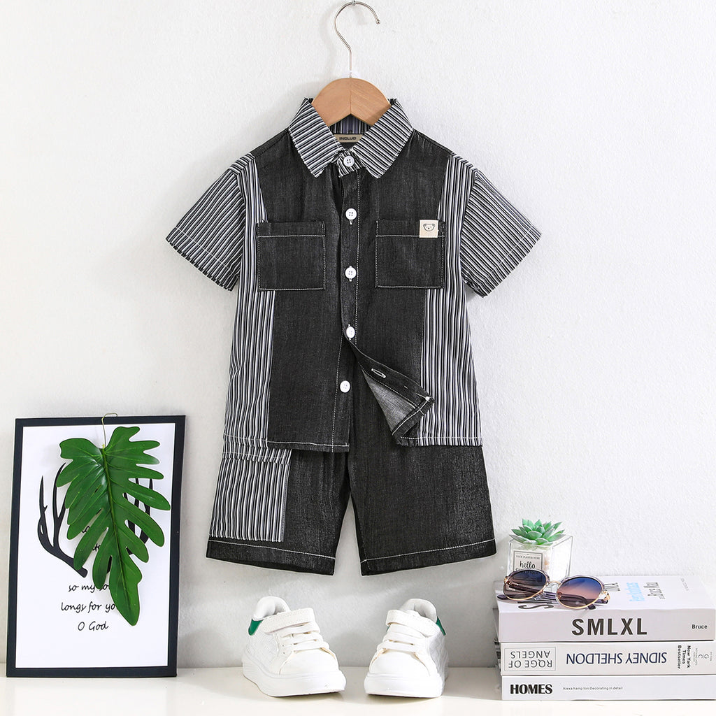 Boys Black Striped Denim Shirt with Shorts Set Sets Black 2-3 Y