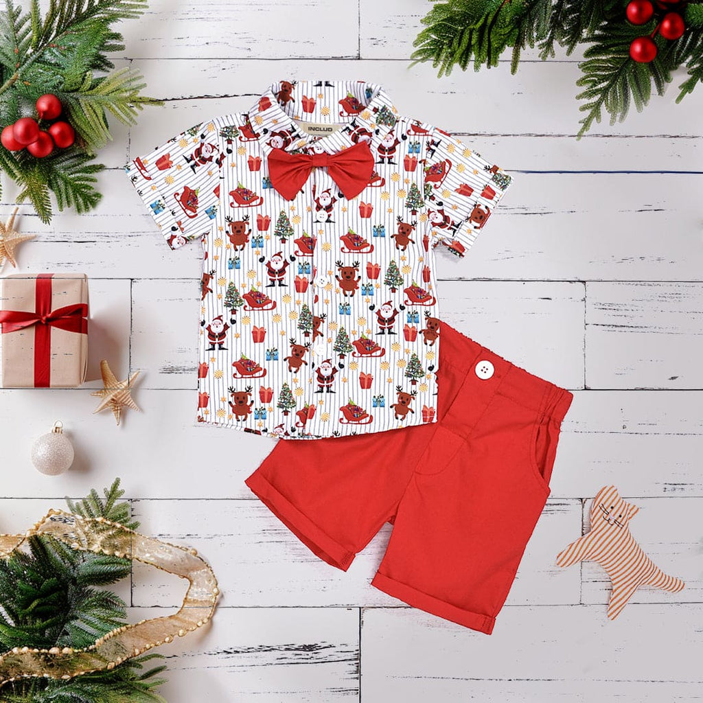 Boys Printed Shirt With Solid Shorts Set Sets Red 1-2 Y 
