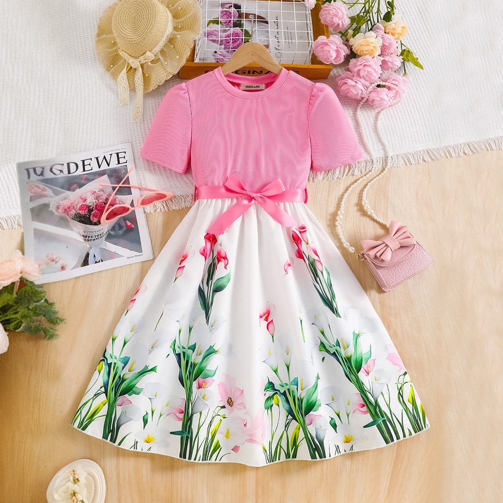 Girls Pink Floral Printed Short Sleeves Fit And Flared Midi Casual Dress Casual Dresses Pink 3-4 Y