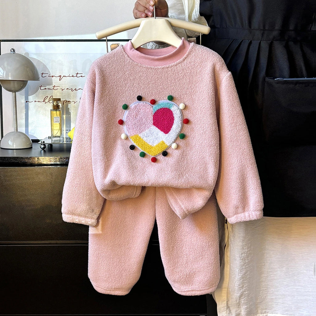 Girls Pink Fleece Heart Applique Top With Pants Sets Sets Pink 1-2 Y