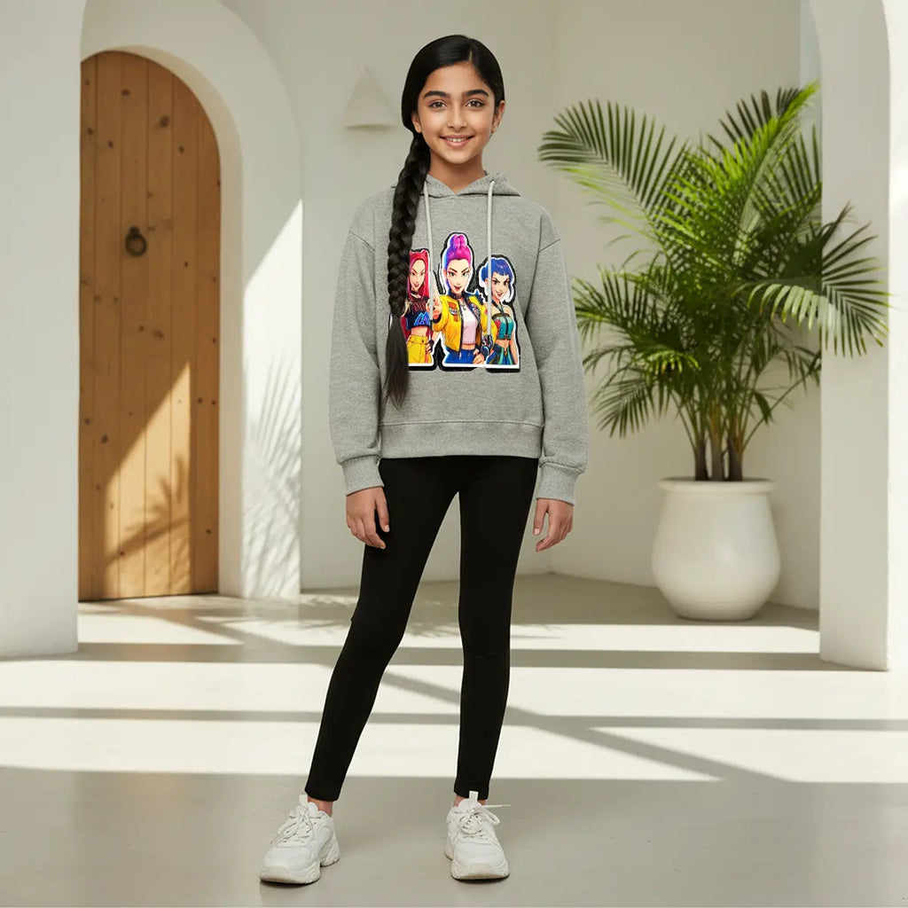 Girls Grey K-Pop Graphics Hoodie Sweatshirts & Hoodies Grey 1-2 Y