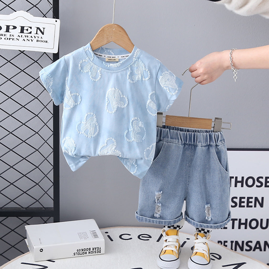 Girls Blue Puff Print Short Sleeve T-Shirt With Denim Shorts Set