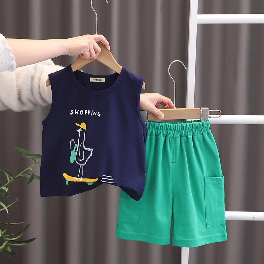 Boys Graphic Sleeveless T-Shirt With Green Shorts Set 2 pc. Sets