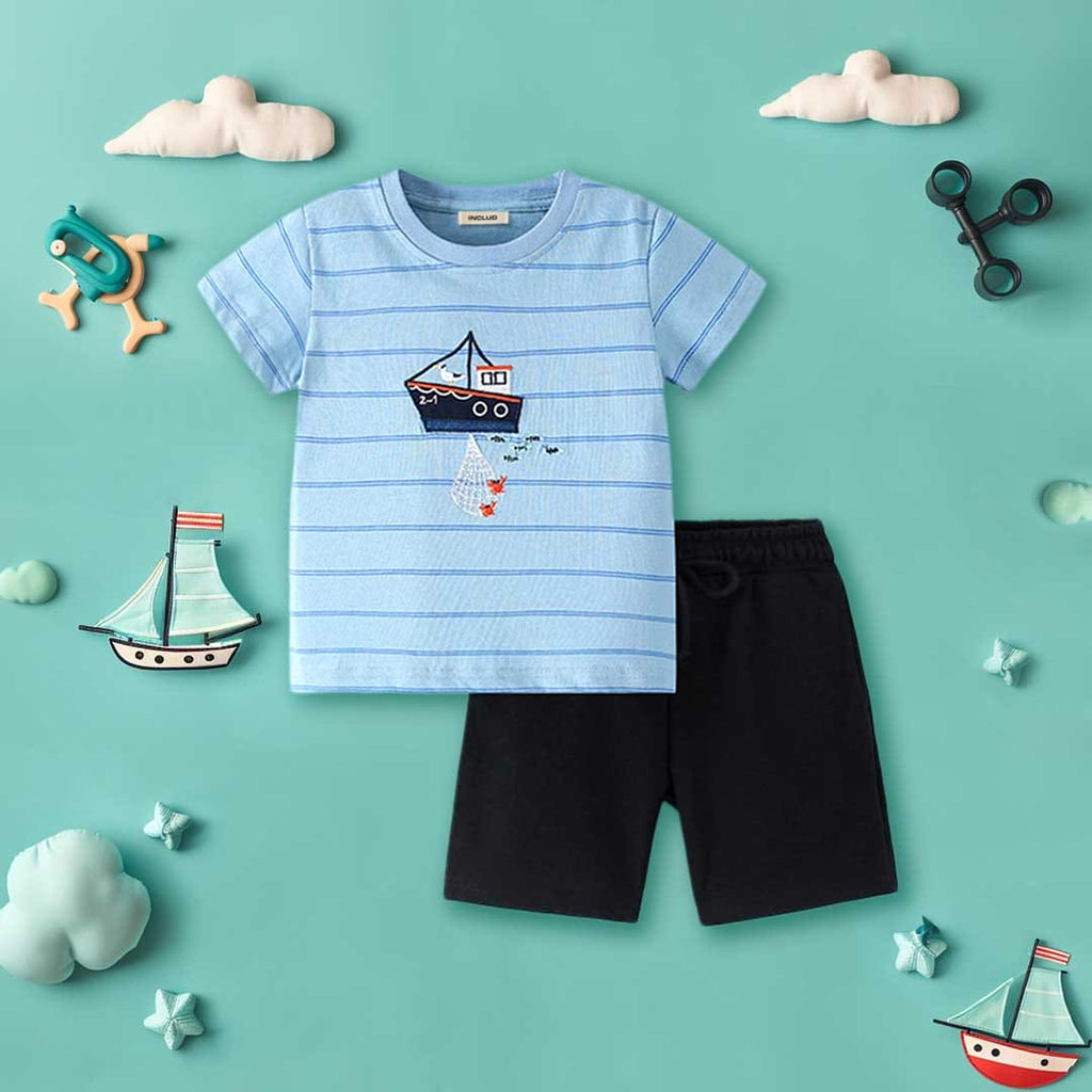 Boys Striped Ship Applique T-Shirt With Shorts Set Sets Blue 1-2 Y 