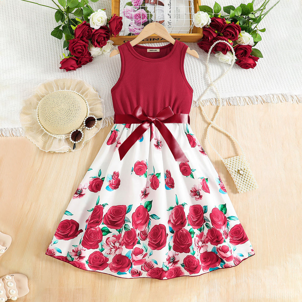Girls Maroon Rose Printed Fit And Flared Midi Casual Dress Casual Dresses Maroon 3-4 Y