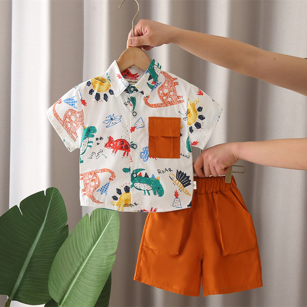 Boys White Animals Printed Short Sleeves Shirt With Shorts Set 2 pc. Sets White 1-2 Y