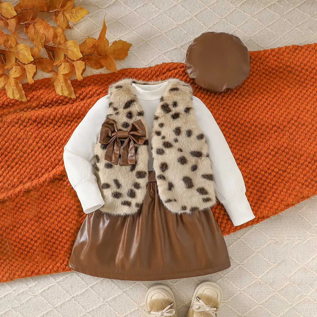 Girls Long Sleeve T-Shirt With Apricot Faux Fur Vest & Faux Leather Skirt & Hat Sets Sets Apricot 2-3 Y
