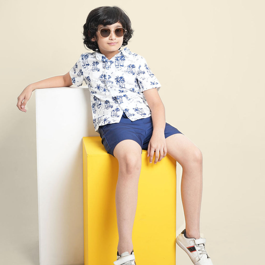 Boys Navy Printed Short Sleeve Shirt With Elasticated Shorts Set 2 pc. Sets