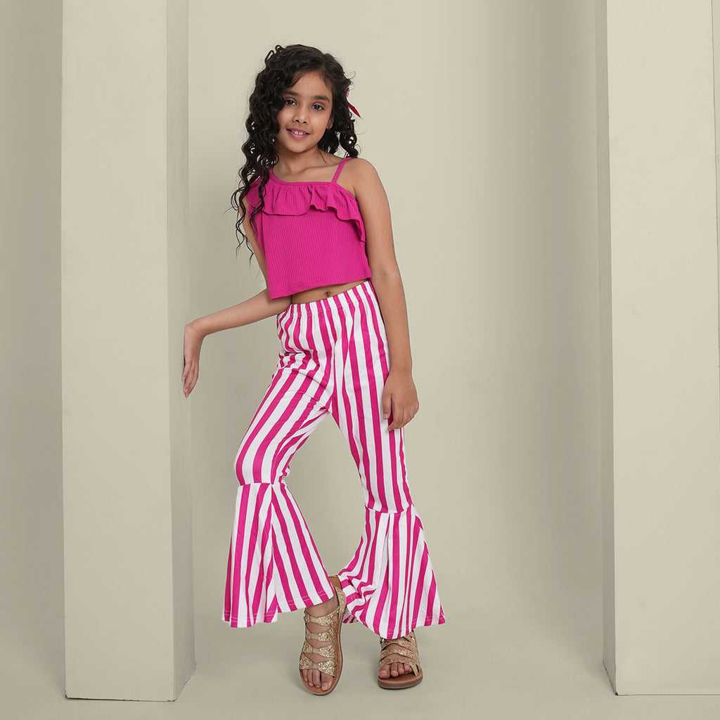 Girls Dark Pink One Shoulder Crop Top With Striped flared Pants Set 2 pc. Sets