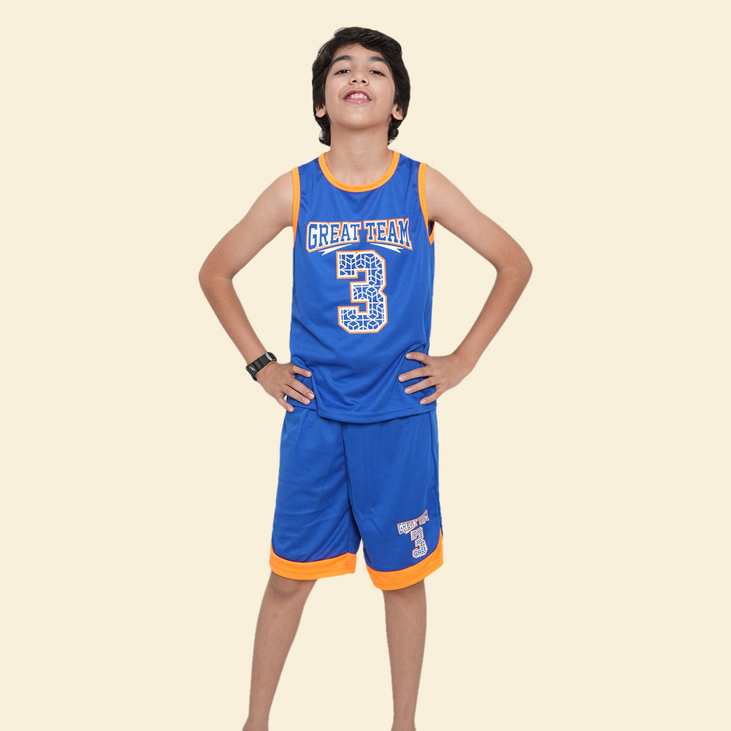 Boys Blue Alphanumeric Printed Sleeveless Vest With Shorts Set 2 pc. Sets