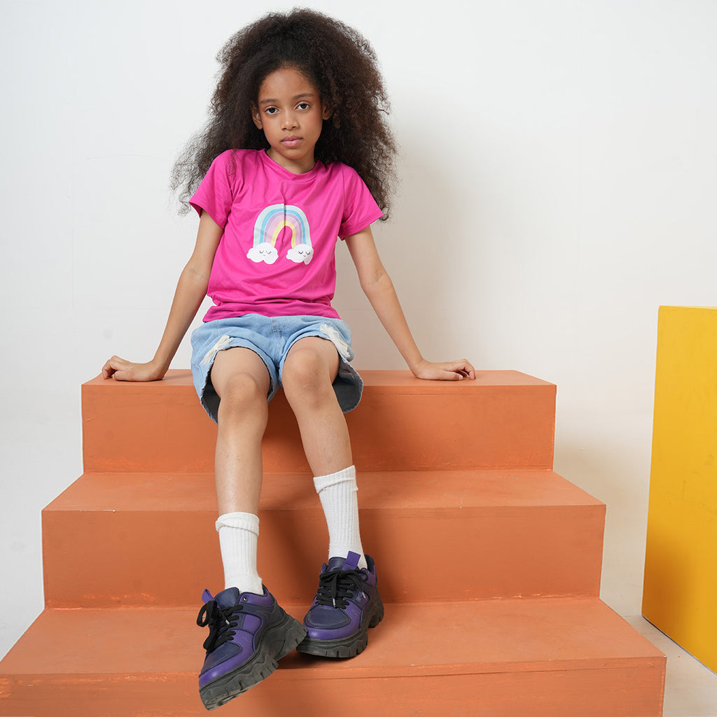 Girls Fuchsia Rainbow Printed Short Sleeves T-shirt Tshirts